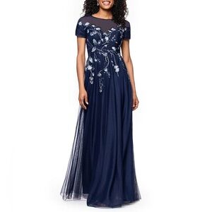 Betsy & Adam Navy Blue Embroidered Sequin Floral Bodice Mesh Gown Size 10